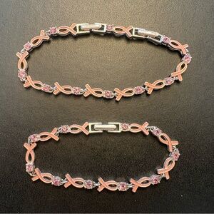Two Vintage Avon Enamel Rhinestone Silver Breast Cancer Bracelet